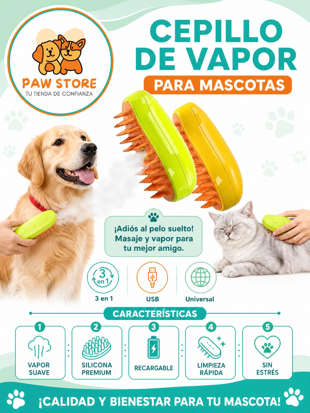 Cepillo Vaporizador 3 en 1 para Mascotas